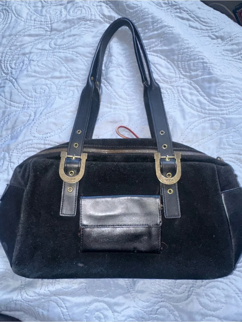 UGG Black Suede Shoulder Bag with Tan Lace-Up Detail